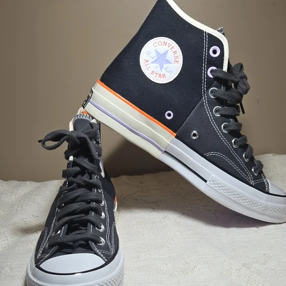 Converse Black High Top Sneakers with Cream, Orange & Purple Trim - Picture 6 of 14